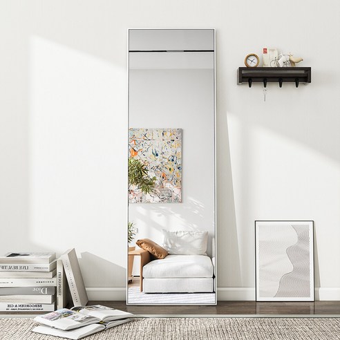 BEAUTYPEAK 1500mm x 400mm 전신거울 홈짐 운동방 대형 전신 거울 수직으로 매달리거나 벽에 기대어 전신거울 알루미늄합금 얇은 테두리 거울 침실 탈의실, 흰색