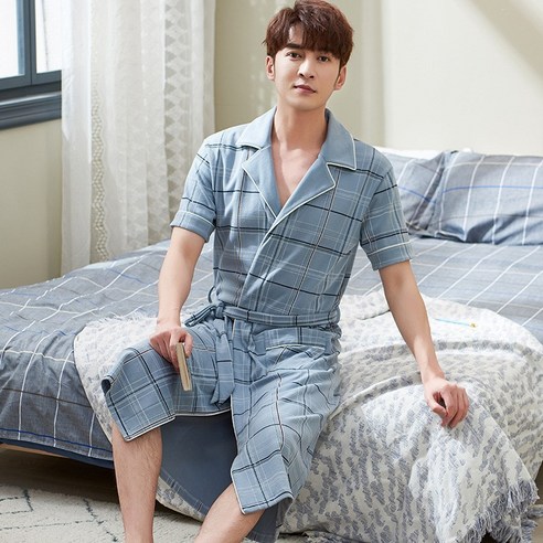 DFMEI 잠옷 남성용 여름 목욕 가운 면 잠옷 드레싱 가운 반팔 원피스 유카타 남성용 긴 기모노 남성용, DFMEIGZ1820273, 엘