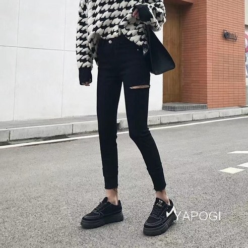 YAPOGI 유럽 역 여름 새로운 스모키 그레이 높은 허리 찢어진 청바지 여성 발목 길이 꽉 스트레치 슬리밍 바지 여성을위한 YAPOGI