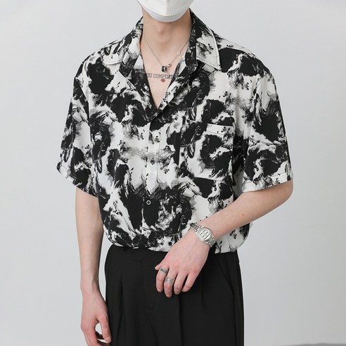 ANYOU 남성 오버핏 반팔 카라 셔츠 프린팅 하와이안 캐주얼 패셔너블 남방