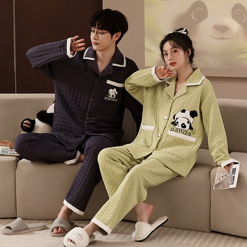 ANYOU 커플 긴팔 잠옷 순면 곰돌이 신혼부부 홈웨어 상하의 세트 Panda 동물잠옷