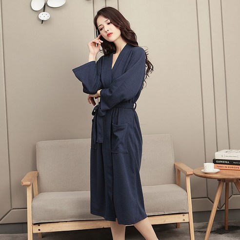 DFMEI-Y 봄 가을 커플 잠옷 여성용 흡수성 목욕 가운 여름 중간 길이의 남성 얇은 목욕 가운 잠옷 착용, {"패션의류/잡화 사이즈":"S/M 크기 [80-135kg]"}, DFMEI 1601 네이비 블루 여성