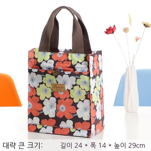 Coolife 보온 도시락 단열 도시락 가방 두꺼운 알루미늄 호일 방수 캔버스 도시락 가방 핸드백 도시락, 붉은 꽃 검은 배경