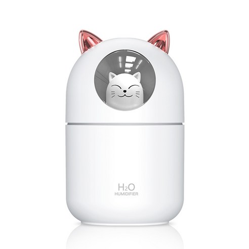 야옹이 가습기 애완 고양이 300ml 대용량 미니가습기 USB 가습기 무드등 필터 5개포함 KC인증 대량구매, 화이트+핑크