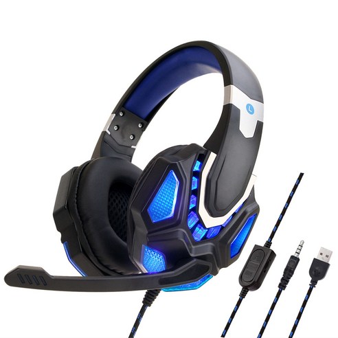 AFBEST 게임용 헤드셋 사운드 스테레오 LED 유선 헤드폰 (마이크 포함) 노트북 전화 PC 볼륨 컨트롤 PS4 Xbox One Blue, 블랙 & 블루