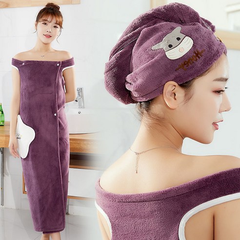 여름철 가정용으로 감쌀 수 있다 흡수속도 마르지 않는다 산호모 크다 목욕 가운 목욕치마, 포켓형 퍼플 + 드라이 모자, M(80~105근)