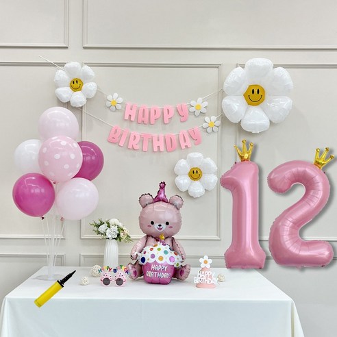 연지마켓 데이지 곰돌이 생일 파티 숫자 풍선 가랜드 세트, 12, 1세트, 베어 핑크 12