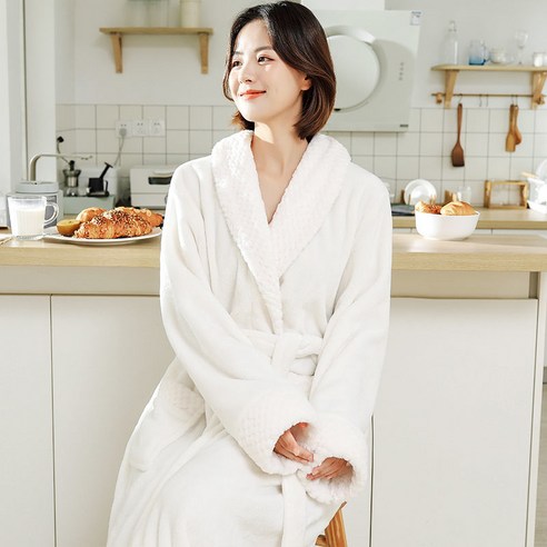 DFMEI-Y 잠옷 여성의 가을과 겨울 긴 산호 양털 플러스 벨벳 두꺼운 커플 목욕 가운 플란넬 남자 잠옷 겨울 홈 착용, M 적합 [160Cm -120Kg], DFMEI 화이트 [여성] 스티치 플란넬