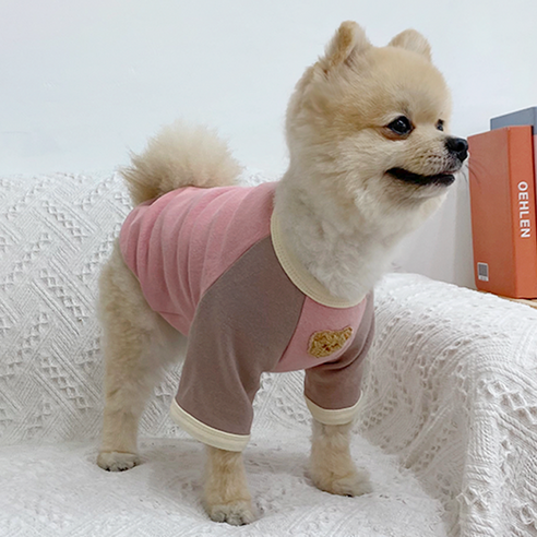 데댕 감성 배색 곰돌이 강아지 사계절 티셔츠, 핑크