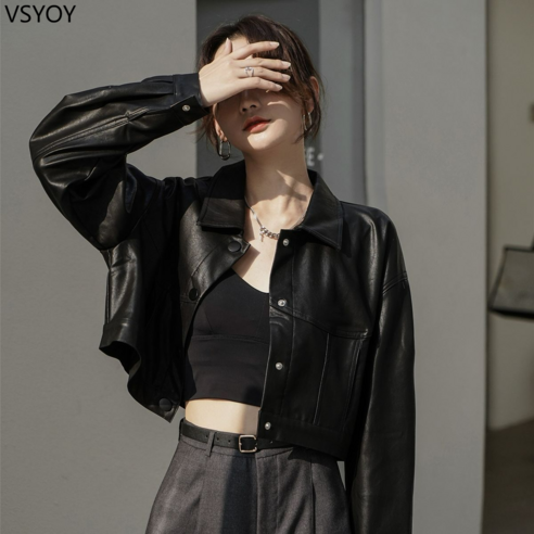 vsyoy 2023 새로운 이른 봄 가을 겨울 짧은 가죽 자켓 복고풍 작은 남자 자켓 여성 의류