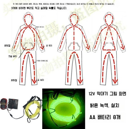 (최복덩이) 졸라맨 야광 옷 클럽 LED 스켈레톤 무대 행사 댄스 파티 소품, 12V-파란색