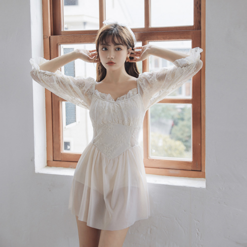 DFMEI 새로운 부드러운 우유 살구 레이스 스커트 원피스 수영복 배꼽 커버 슬리밍 휴일 온천 수영복, DFMEI 우유 살구 색
