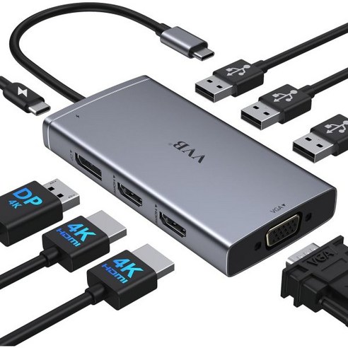 USB C 노트북 도킹 스테이션 듀얼 모니터 어댑터 HDMI 4K 디스플레이포트 VGA 100W PD DellHPLenovoSurface용 3USB A 2.0 Thunderbo, 8 Ports 2 HDMI+DP+VGA