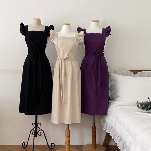 린넨 코튼 프릴 앞치마 원피스 롱 신혼 카페 예쁜 꽃집 집들이 에어프런 플로리스트 네일샵, 베이지, 1개