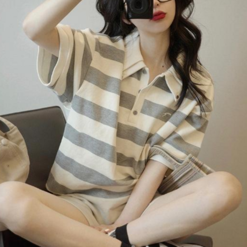ANYOU 여성 버튼넥 스트라이프 반팔 티셔츠 카라 루즈핏 반팔티