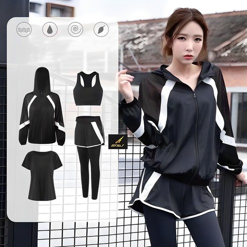 히트세븐 여성 루즈핏 요가 및 헬스복 4종 세트 – 필라테스 트레이닝복 (반팔 + 레깅스) – 봄, 여름, 간절기 운동복 HIT No.7 K3 주니어요가복