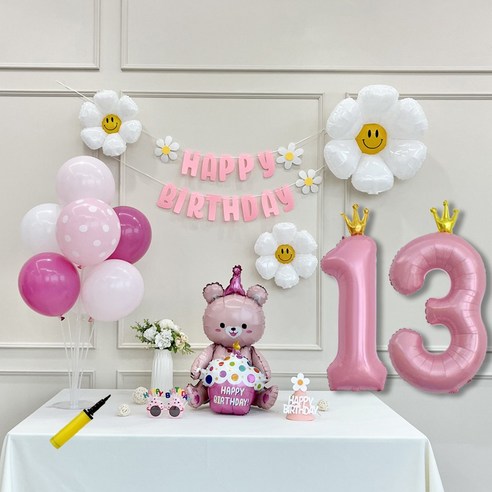 연지마켓 데이지 곰돌이 생일 파티 숫자 풍선 가랜드 세트, 13, 1세트, 베어 핑크 13