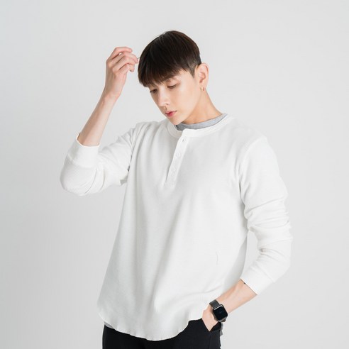 나타났다 남성용 와플 헨리넥 긴팔 티셔츠