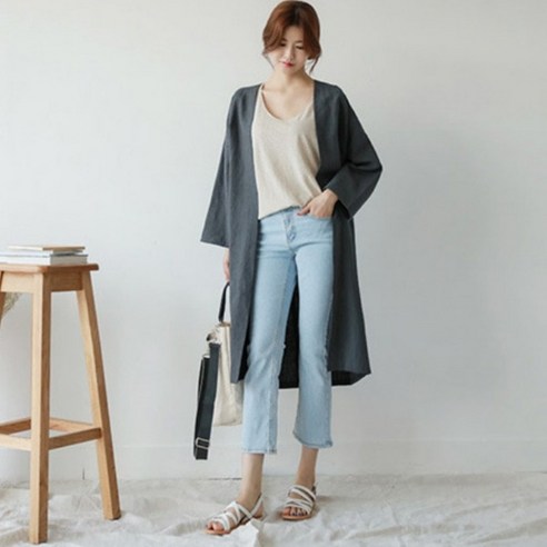 [쿠팡] 여성 롱 셔츠 자켓 코트 린넨 롤업 봄 가을 카키 네이비 루즈핏