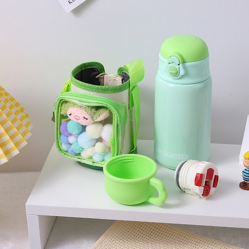 사랑스러운 작은 보온컵 멜빵 천 덮개 잠금장치 탄개 빨대컵 잔 양용 덮개, 녹색., 500ml