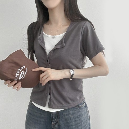 리리의감각 여성 일체형 크롭 단추 이중 반팔 루즈핏 레이어드 가디건 티셔츠