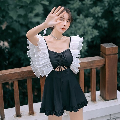 KORELAN 선녀범 학생 수영복 여자 배가리개 날씬해 보이다 년 식 보수 살가리개 온천 수영복, 검정색, M