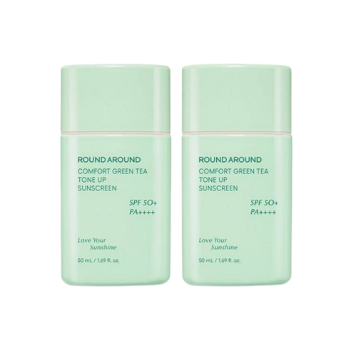 라운드어라운드 컴포트 그린티 톤업 선크림 더블 세트: 산뜻한 녹차 에너지로 완성하는 맑고 화사한 피부 라운드어라운드선크림