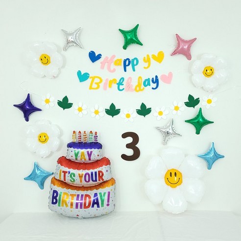 하트팝 플라워 숫자펠트가랜드 파티호일풍선 생일파티용품 세트, 1세트, 3번세트