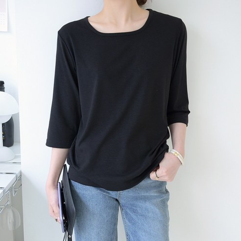 여성용 7부 레이온 스퀘어넥 티셔츠 (무지) by 데일리앤 파울