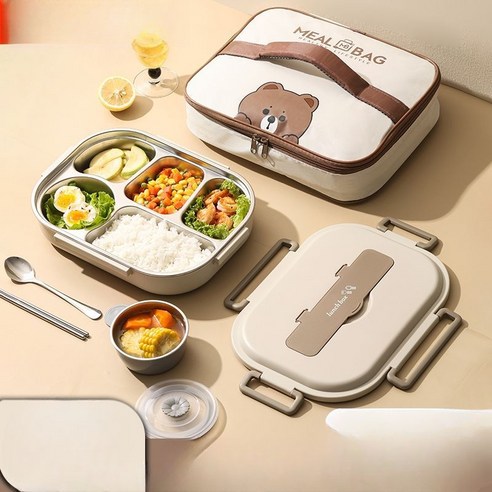 도시락통 직장인 런치박스 스텐 샐러드 소풍 용기, D. 3 + 곰 가방 - 벚꽃 가루, 1개