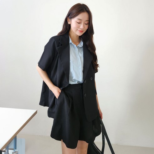 여성 캐주얼 정장 자켓 바지 투피스 셋업 루즈 박시 카라 V넥 [루쇼]