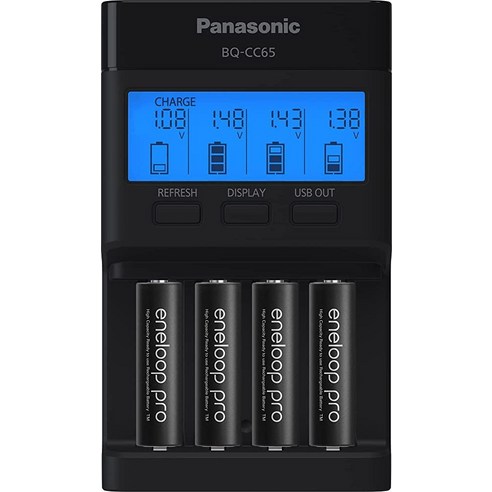 Panasonic K-KJ65KHA4BA 슈퍼 어드밴스드 4 포지션 퀵 충전기 LCD 표시기 패널 USB 충전 포트 및 4AA 에네루프 프로 충전식 배터리 블랙, 배터리 충전기