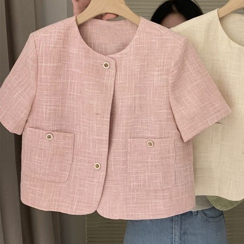 BOONINT 여름 가디건 반팔자켓 라운드넥 포켓 모던 베이직 노카라 자켓 빅사이즈 버튼 코트 BN053124