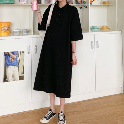 카라넥 루즈핏 반팔 롱 면 원피스 여성 데일리 여름