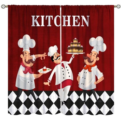 Yearn Jear Chef Kitchen Window CurtainsFat Cook Theme Curtains f Bedroom Living RoomRed Black Buffal, W41.5xL45in Decor_Kitchen-1 에어커튼