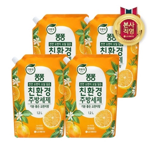 퐁퐁 친환경 주방세제 오렌지 리필, 4개, 1.2L