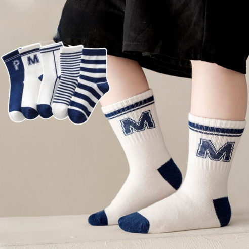 -어반바스켓-아동용 어린이 레터링 스트라이프 중목 양말 5켤레 세트