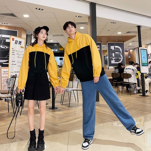 [RichMagic] 커플 매칭 후드 티 허리 드레스 스웨트 옷 대학 고등학교 한국 패션 스타일 젊은 연인 여성 복장 착용 A