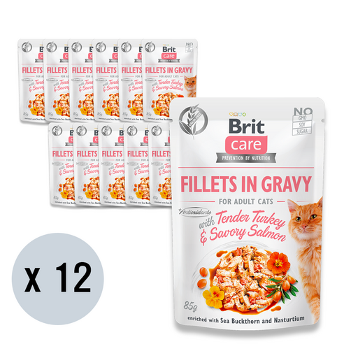 브릿 케어 캣 그레이비 파우치 고양이 주식 기능성 습식사료, 칠면조+연어, 85g, 12개