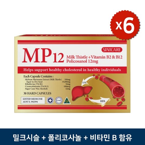 [6세트] 시니케어 프리미엄 MP12 밀크시슬 35000mg 폴리코사놀12mg 30캡슐 비타민B 30캡슐 피로회복 혈관, 6개, 30정