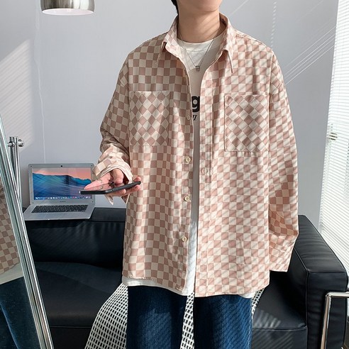DFMEI 봄과 가을 패션 디자인 스타일 격자 무늬 셔츠 남성과 여성의 긴팔 홍콩 스타일 커플 셔츠 겉옷 옷깃 셔츠