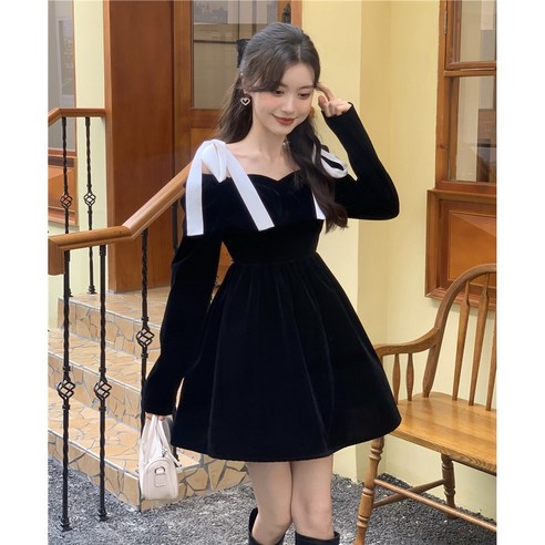 KORELAN 어 햅번 스타일의 블랙 벨벳 드레스 여성용 봄 작은 기질 짧은 치마의 새로운 어 버전
