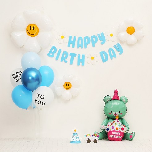 [피앤비유니티] 데이지곰돌이 가랜드형 생일풍선세트, 05)데이지곰돌이 가랜드형-블루, 1세트