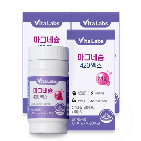 비타랩스 마그네슘 420 맥스 눈떨림 임산부 영양제 B1 B6 1200mg, 1개, 90정