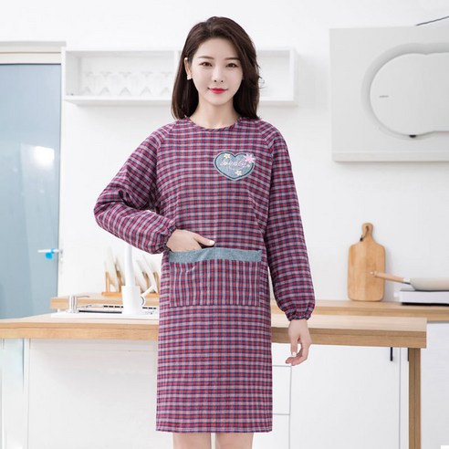 앞치마 주방의류 순면 긴팔 가정용 앞치마 주방 요리, 1 건, 순면 하트 자수 블라우스 - 대추색