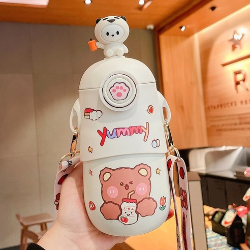 [LM] 500ml Kawaii 토끼 보온병 귀여운 스테인레스 스틸 보온병 물병 빨대와 절연 차가운 음료 컵, White A