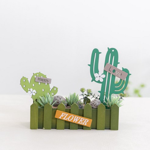귀여운 선인장 조화 울타리 화분 20cm (DIY) 인테리어 소품 테이블 실내 꾸미기 플랜테리어, 3p, A타입_화이트A