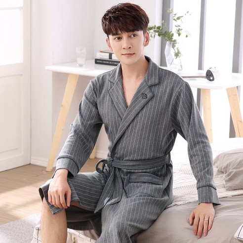 DFMEI-Y 브랜드 잠옷 여성 봄과 가을 커플 목욕 가운 순수 코튼 잠옷 남성 여름 긴 소매 확장 목욕 가운 대형 사이즈 긴팔 가운, {"패션의류/잡화 사이즈":"XXL 코드"}, DFMEI 남성 96359