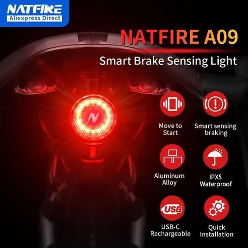 휠체어 손잡이 NATFIRE A09 자전거 스마트 자동 브레이크 감지 라이트 방수 USB C 충전 LED 사이클링 미등 액세서리, 01 1PCs A09, 1)1PCs A09 Best Top5