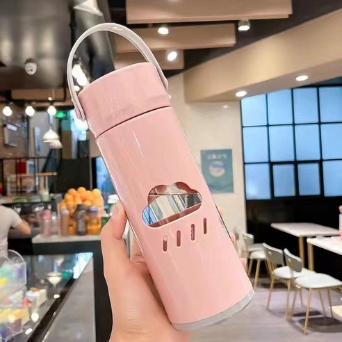 뚜껑이 있는 대용량 이중 유리 물컵으로 편리한 컵 인 고부가가치 사무용, 클라우드 핑크 480ml, 싱글 컵 + 핸들